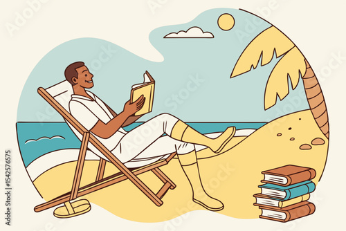 Injured man reading book on beach with leg bandage under palm trees
