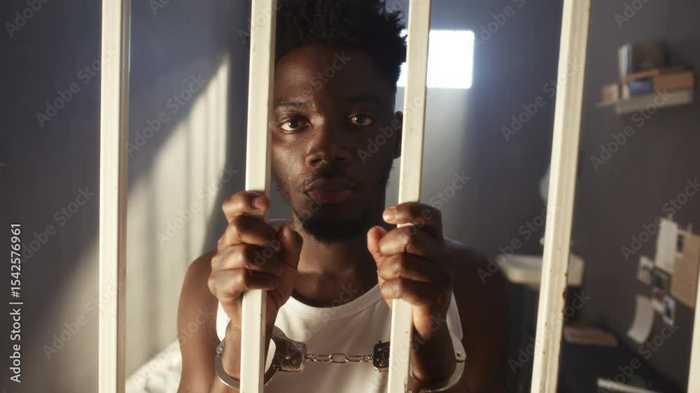 Young Black inmate in handcuffs gripping prison bars and looking into ...