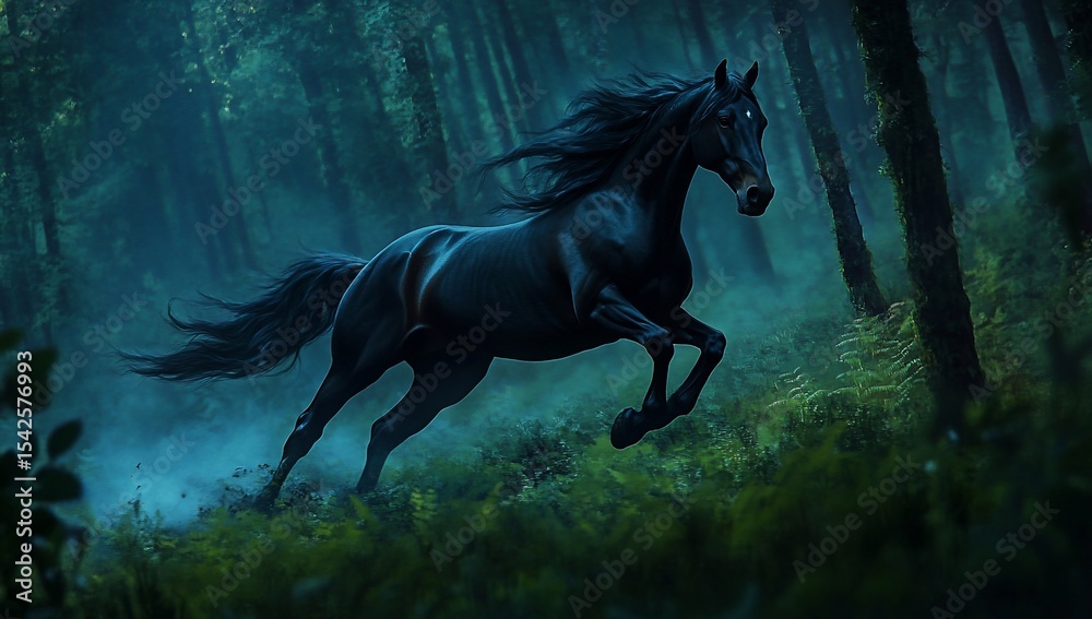 Fototapeta premium Black horse running in dark forest.