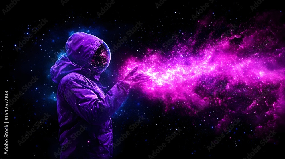 Naklejka premium Astronaut manipulating nebula, space, cosmic energy, artwork, science fiction