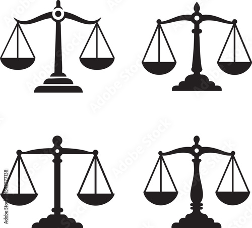 Black and white vector icon of the scales of justice, minimalist silhouette
