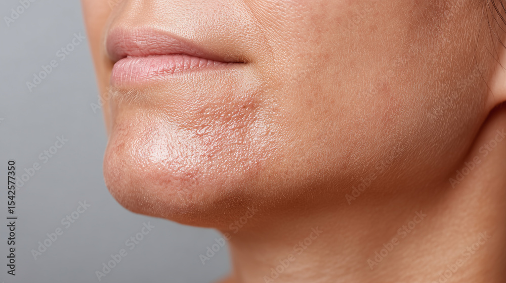 Obraz premium Detail of jawline rash caused by continuous mask use on skin with visible irritation and redness around chin and lower face area, showing discomfort and sensitivity