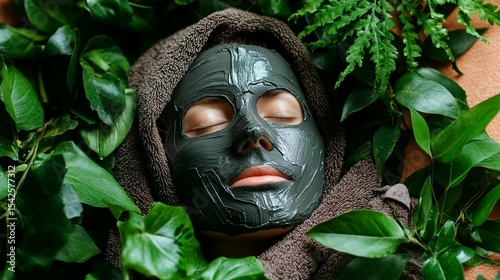 Woman with dark face mask surrounded by lush greenery