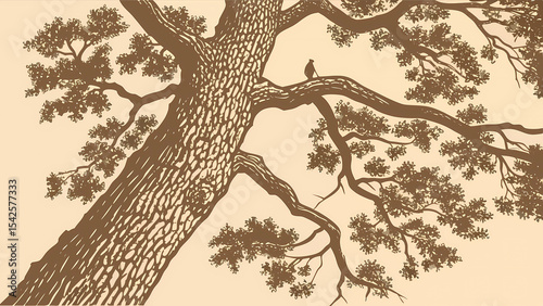 Vintage illustration of a large tree with bird perched on branch in sepia tones art print nature scene