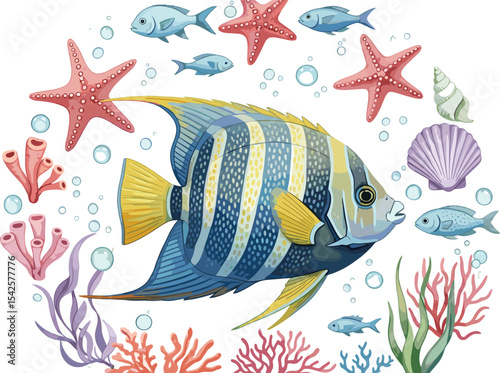 fish, baby, underwater, ocean, sea, marin, aquatic, coral, seaweed, starfish, bubble, shell, water, reef, animal, tropical, illustration, watercolor, blue, fantasy, children, aquarium, drawing, artist