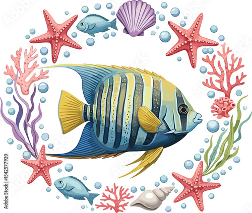fish, baby, underwater, ocean, sea, marin, aquatic, coral, seaweed, starfish, bubble, shell, water, reef, animal, tropical, illustration, watercolor, blue, fantasy, children, aquarium, drawing, artist