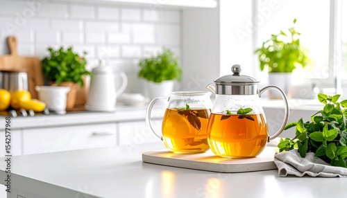Freshly brewed mint and lemon tea in glass pots on a bright, modern kitchen counter, ready for serving