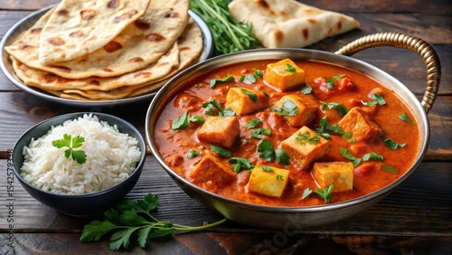 Tender paneer cubes in a rich, creamy tomato-based butter masala sauce served with steamed basmati rice and naan bread, naan bread, tomato sauce