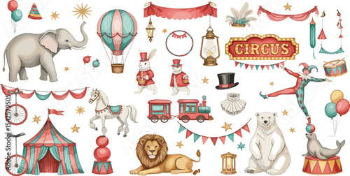 
Set of watercolor illustrations with Circus tent, carnival animals and performers. Drawing of bear and lion for Baby shower greeting cards. Art of seal, elephants and balloons for nursery posters.