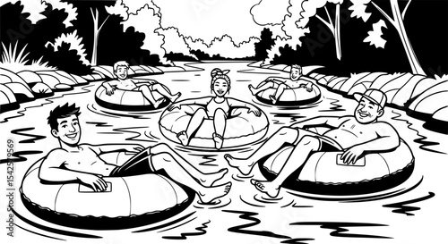 Friends Enjoying a Lazy River Tubing Adventure
