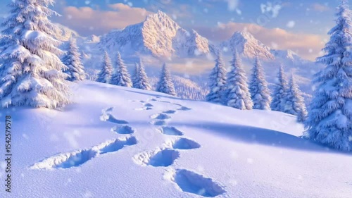Snowy pine forest with human footprints leading toward majestic mountain range under soft snowfall. Winter landscape concept seamless looping 4k time-lapse animation video background