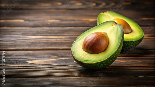 Fresh halved avocado fruit on a dark wooden table in a studio light