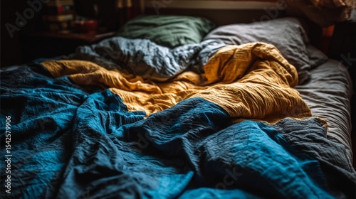 Colorful rumpled bed linens in a cozy bedroom setting with soft lighting
