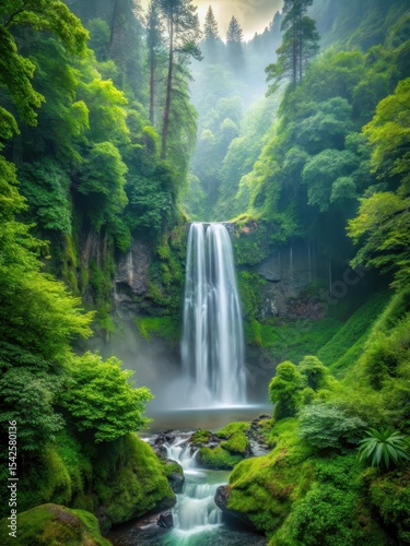 misty waterfall in dense forest with tall trees and lush greenery