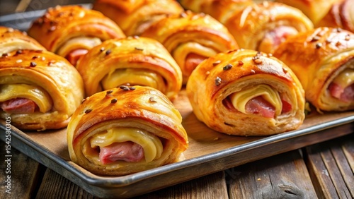 Flaky pastry rolls filled with salty ham and melted cheese, ready to be served warm from the oven , breakfast, food