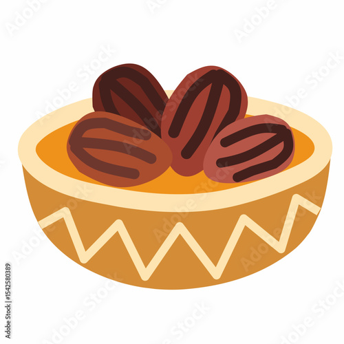 Flat vector of dates in a bowl, a symbolic and essential food for Ramadan and Islamic celebrations. Ideal for cultural, religious, and healthy food themes.