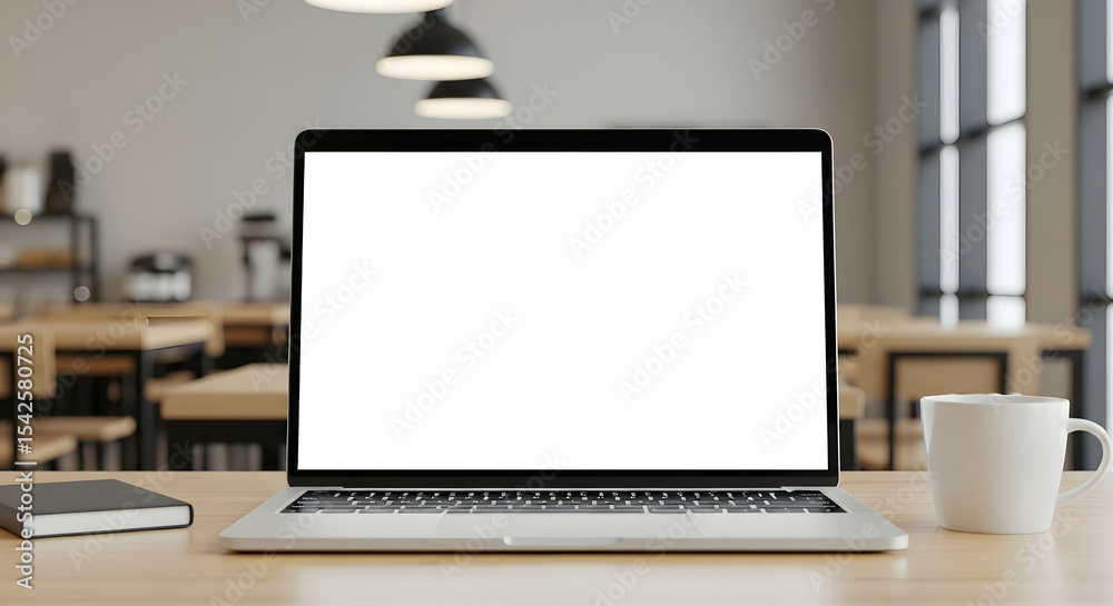 Fototapeta premium Laptop, Computer, Notebook, Laptop with Blank Screen on Wooden Desk in Cafe