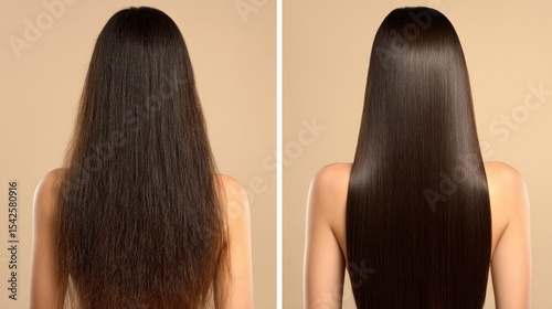 A before and after hair treatment photo of the back view of an attractive woman with long, straight