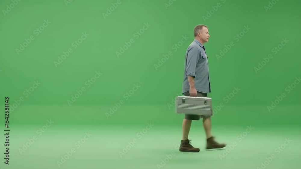 Adult male walking across studio backdrop carrying toolbox ideal image for editorial and commercial uses