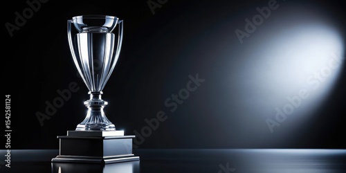 Elegant glass trophy standing alone on a dark and shiny black background with subtle reflections, illuminated by soft indirect light #GlassTrophy , black, trophy
