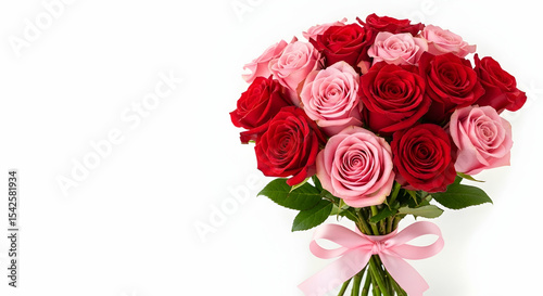 Roses, Red roses, Pink roses, Romantic Bouquet of Red and Pink Roses with Pink Ribbon