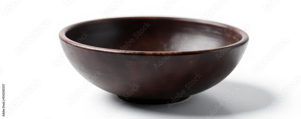 Dark brown, deeply carved bowl, white backdrop, kitchenware, shadow Dark brown, deeply carved bowl, white backdrop, kitchenware, shadow