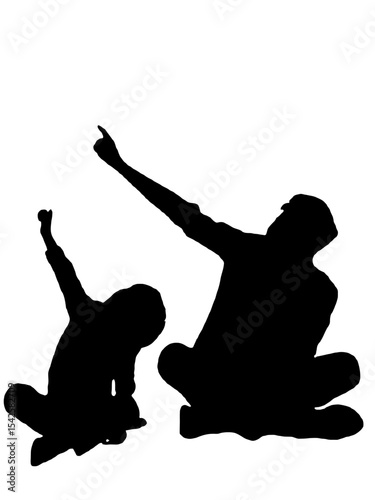 Black Silhouettes of Two People Pointing Upwards Sitting. Vector Illustrations
