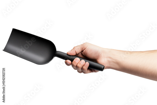 Hand Holding Black Shovel Isolated on Transparent Background