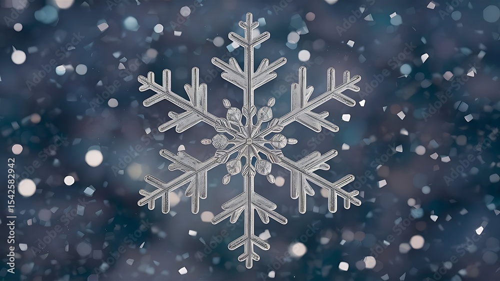 Fototapeta premium Intricate crystalline snowflake floating serenely amidst a gentle flurry background