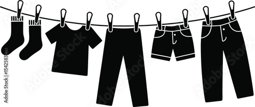 Clothes Hanging on Line Silhouette Vector – Laundry Garments Black Icon Set