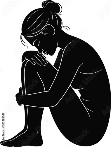 Sad Woman Silhouette Vector – Depressed Girl Sitting Alone Illustration