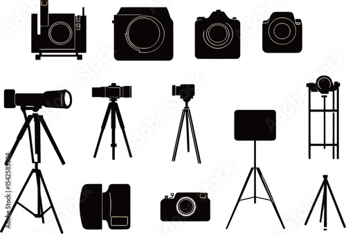 Silhouettes of various cameras and tripods on a white background.