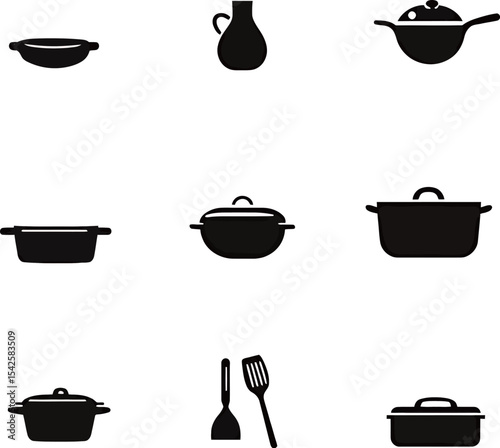 Collection of black kitchen cookware icons including pots and utensils.