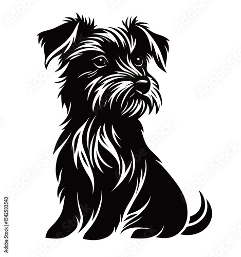 A detailed black silhouette of a sitting dog with shaggy fur.