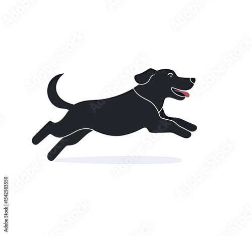 A playful black dog running joyfully across a white background.
