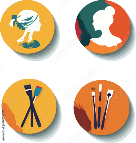 Artistic icons representing beauty and makeup tools in vibrant colors.