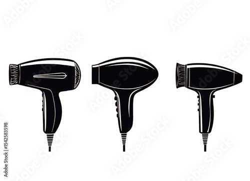 Three stylish black hair dryers on a white background.