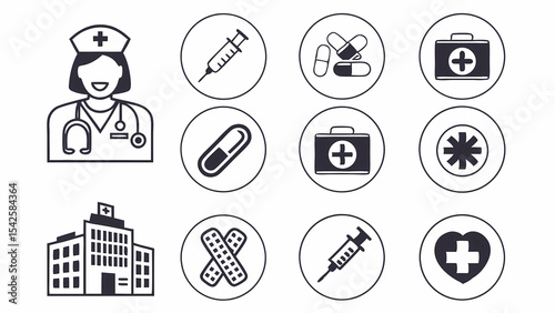 Medical healthcare icons vector set nurse hospital syringe pills first aid kit band aid heart cross
