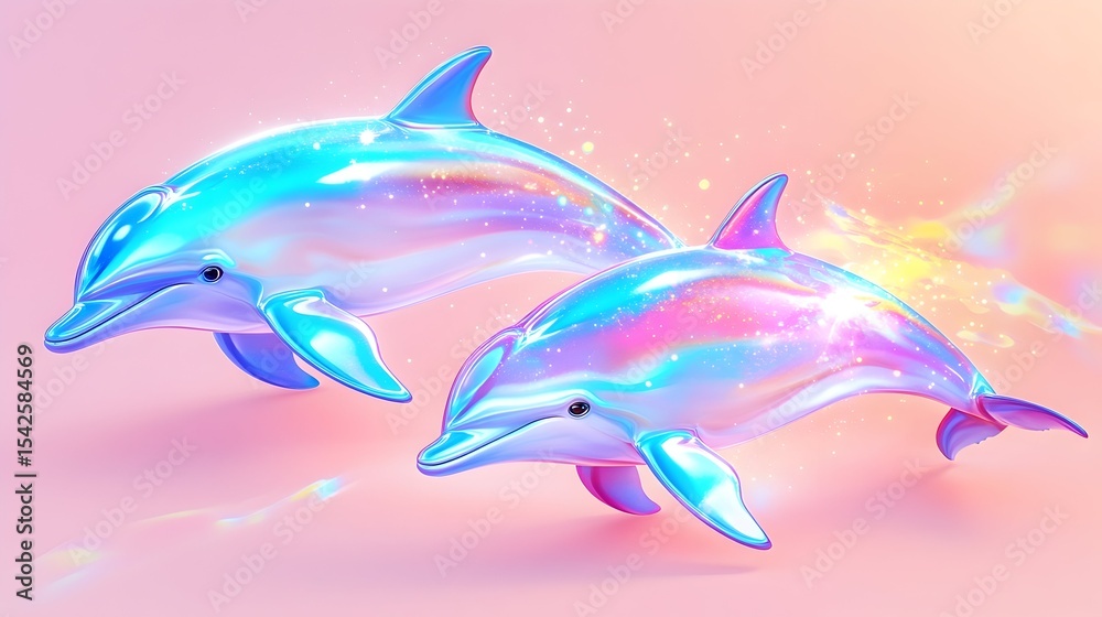 Fototapeta premium Iridescent dolphins leap, pink background, magical, design