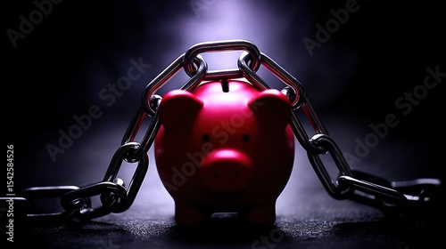Red piggy bank chained, dark background