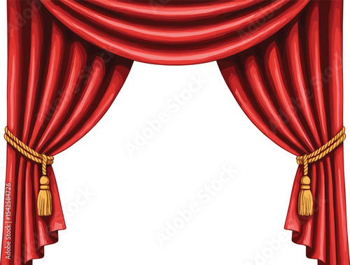 Watercolor illustration of red Theater Curtains. Drawing of Circus velvet Drapes for Stage on isolated background for event invitations or performance templates