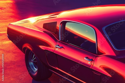 A vibrant, sleek classic red Mustang bathed in a warm, golden sunset glow, showcasing its iconic design.