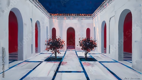 A serene courtyard with architectural arches and minimalist arboreal sculptures