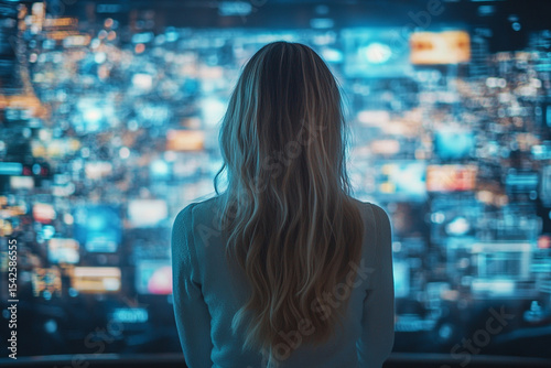 Woman Watching Interactive Internet Content in Futuristic Digital Environment

