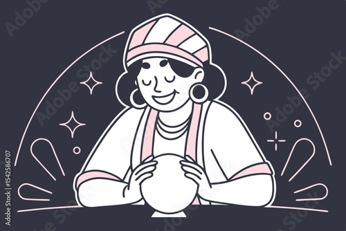 Cartoon fortune teller with crystal ball and glowing lines in flat style.