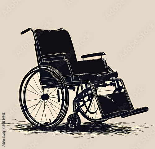 A detailed illustration of a wheelchair on a neutral background.