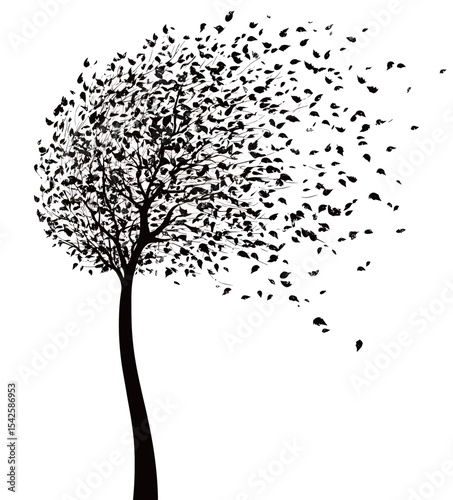 Elegant black tree silhouette with swirling leaves, embodying nature's beauty.