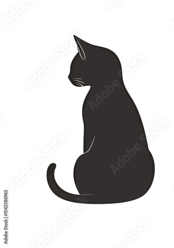 Silhouette of a black cat sitting gracefully in profile.