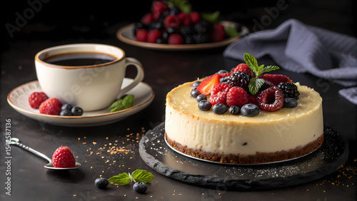 Delicious cheesecake with berries and coffee perfect dessert and breakfast food photography image