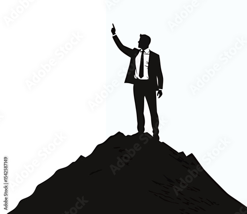 Silhouetted businessman triumphantly standing on a mountain peak.